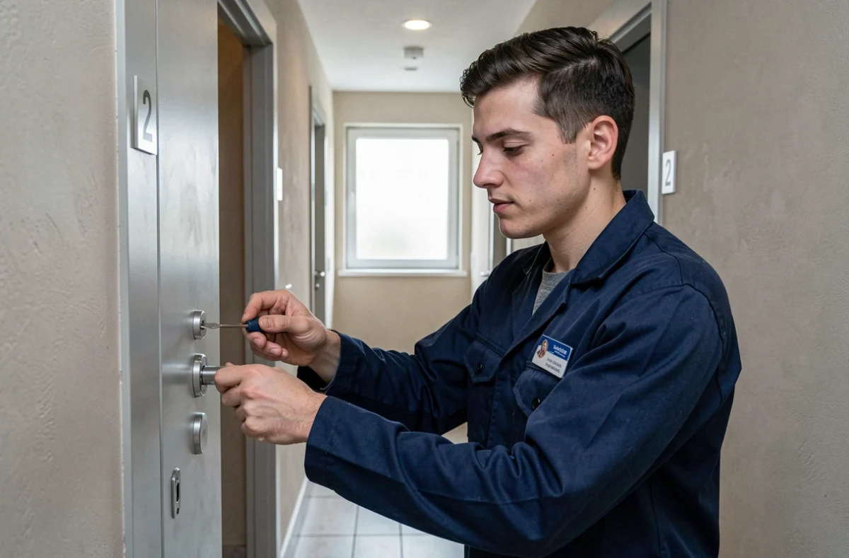 Jeune serrurier Garcia Guillaume remplaçant un cylindre sur une porte d'appartement dans une résidence du Vaucluse