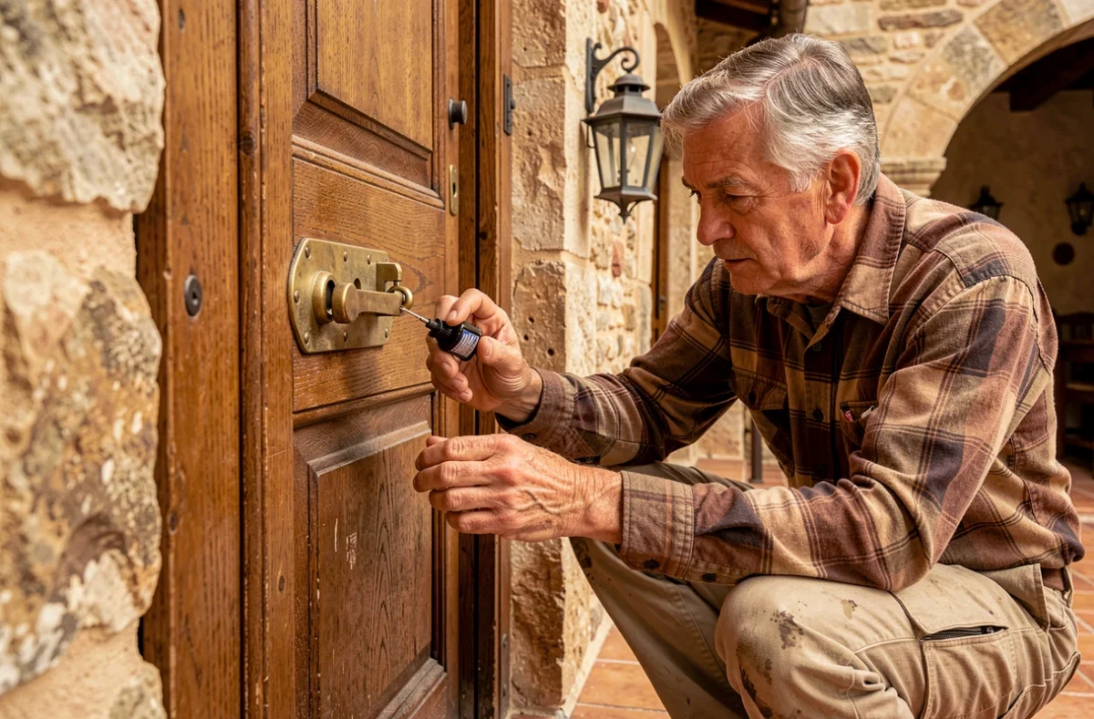 Serrurier expérimenté de Garcia Marcel Serrurerie entretenant une serrure ancienne en laiton sur une porte de mas provençal dans le Vaucluse