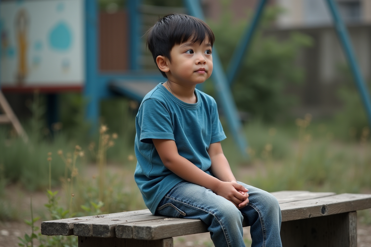 Garçon seul sur un banc dans un parc abandonné