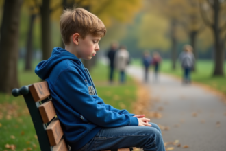 Garçon triste assis seul sur un banc dans un parc