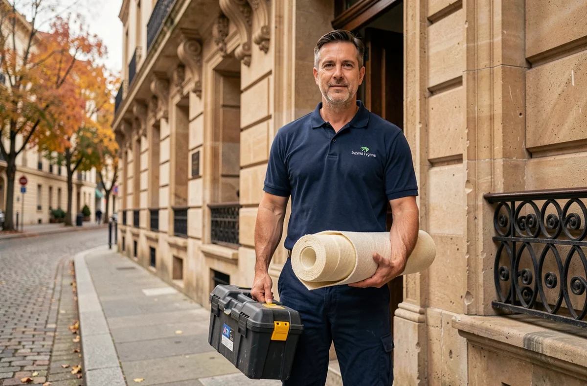 Technicien de Georges Assistances arrivant devant un immeuble résidentiel à Lyon avec sa mallette à outils