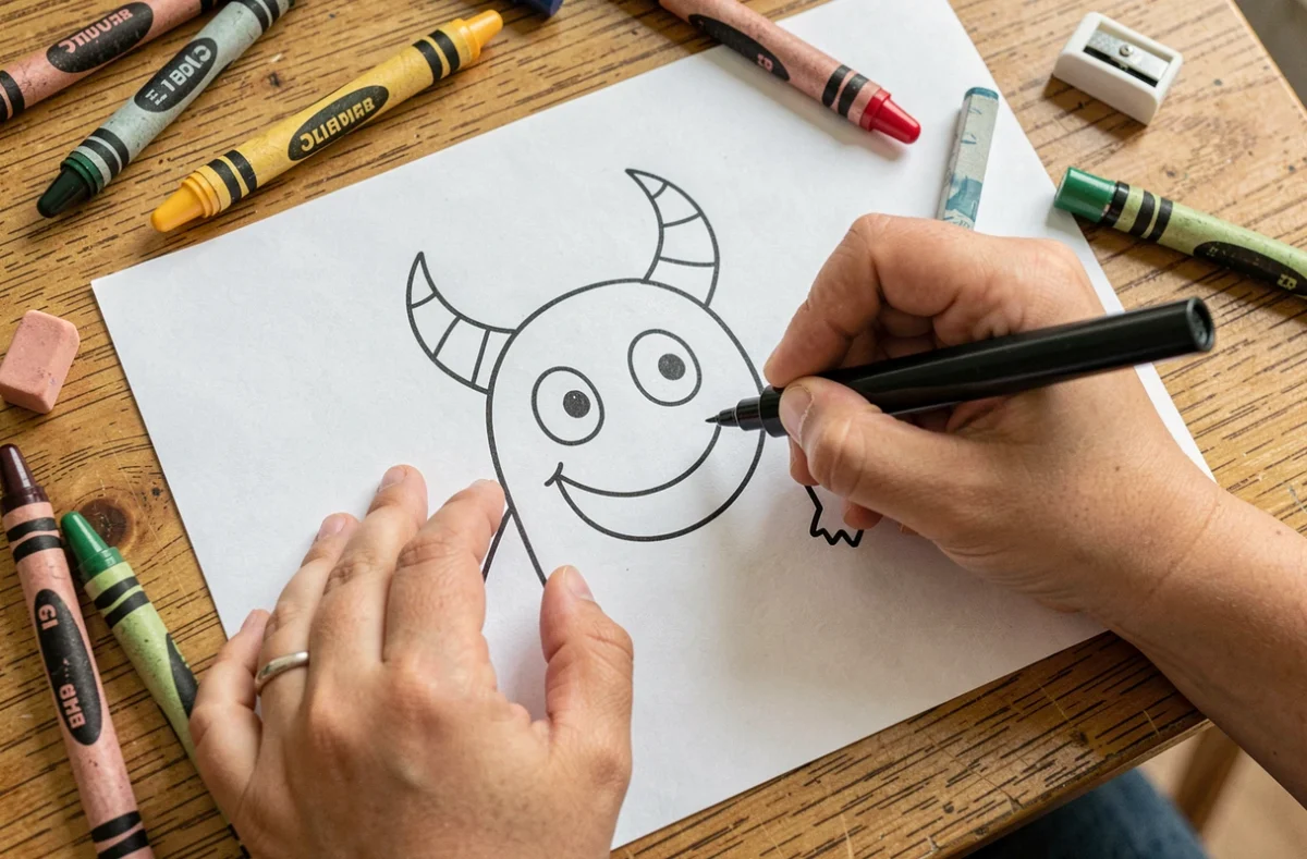 Gros plan sur les mains d'un enfant dessinant un monstre rigolo au marqueur noir sur papier blanc