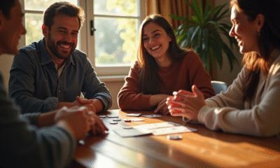 Groupe d'amis jouant au rummy dans un salon lumineux