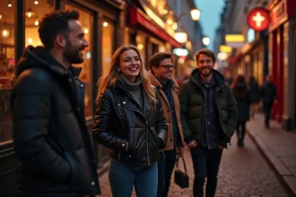Groupe d'amis dans une rue de Lille la nuit