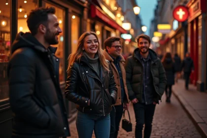 Groupe d'amis dans une rue de Lille la nuit