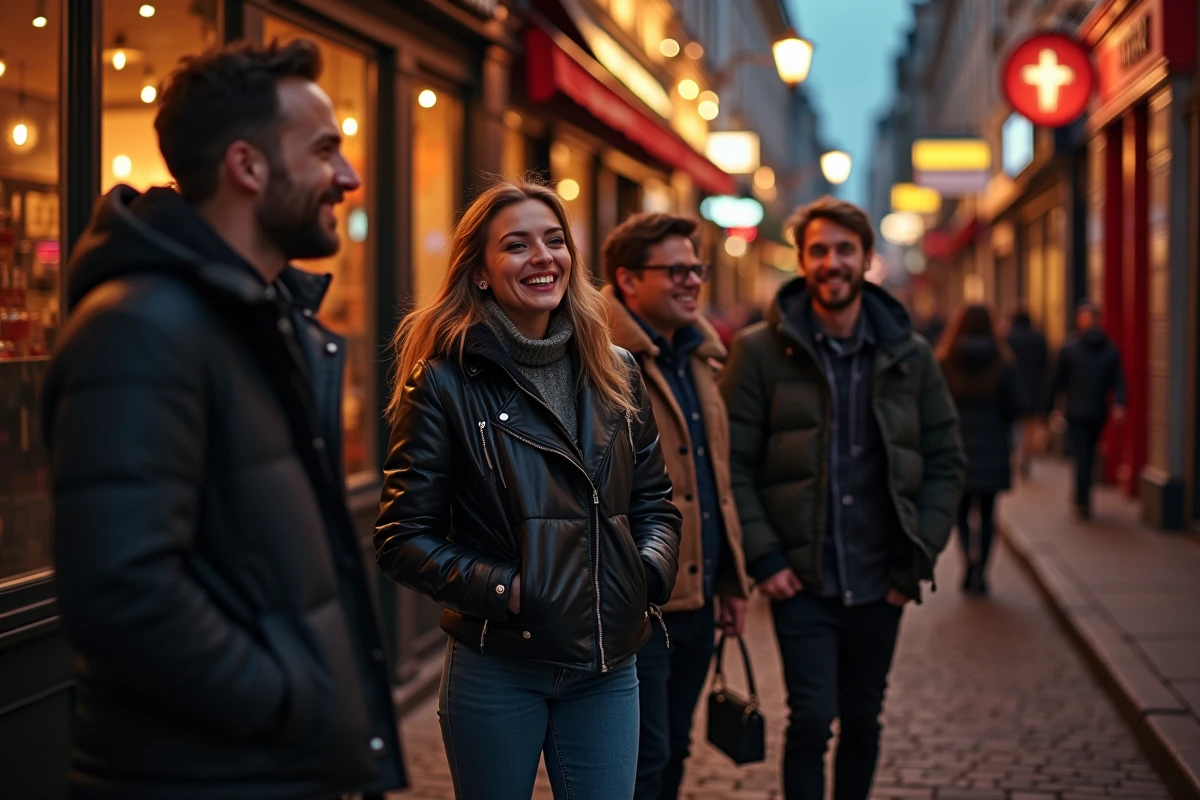 Groupe d'amis dans une rue de Lille la nuit