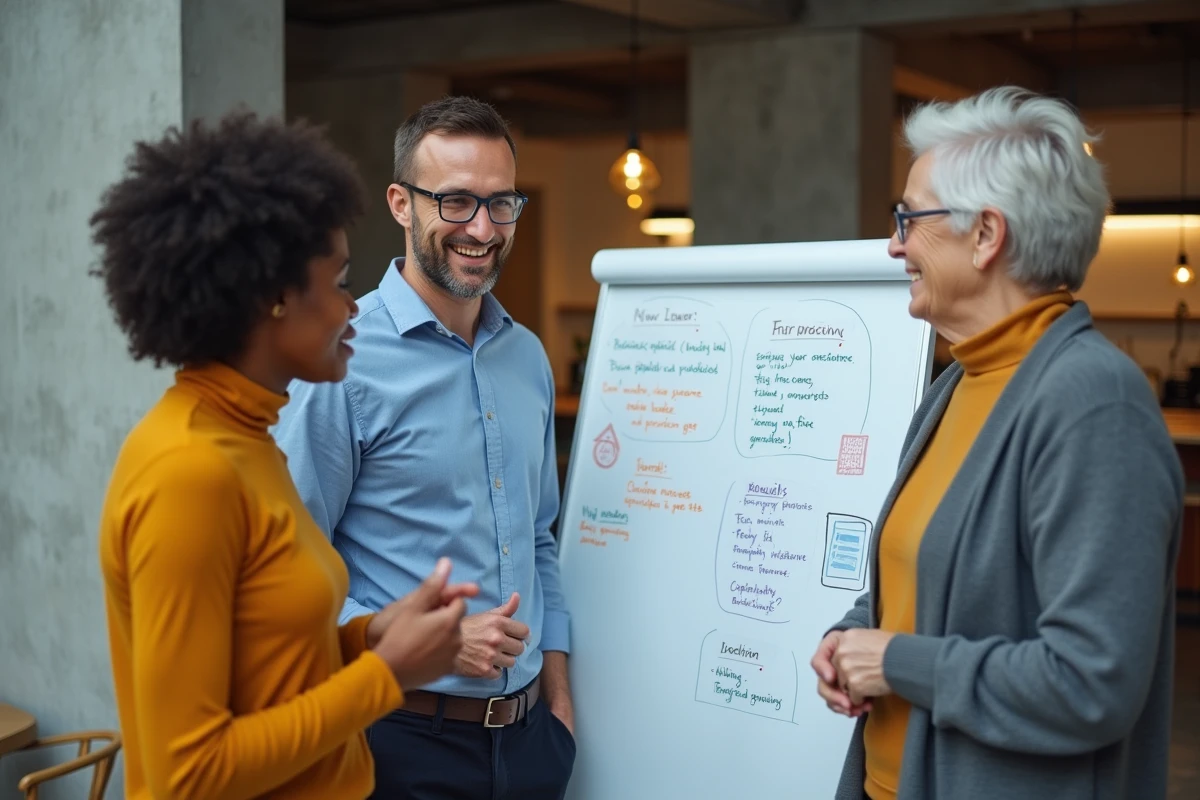 Groupe de professionnels en brainstorming autour d'un tableau blanc avec des idées disruptives expliquées simplement