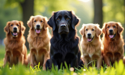 Golden retrievers dans un parc ensoleille avec un retriever noir