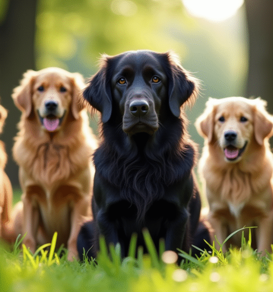 Golden retrievers dans un parc ensoleille avec un retriever noir