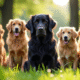 Golden retrievers dans un parc ensoleille avec un retriever noir