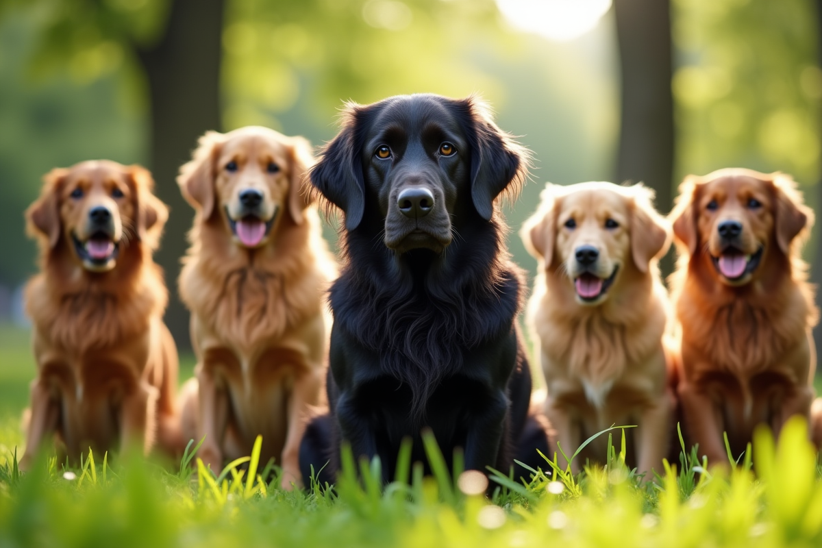 Golden retrievers dans un parc ensoleille avec un retriever noir
