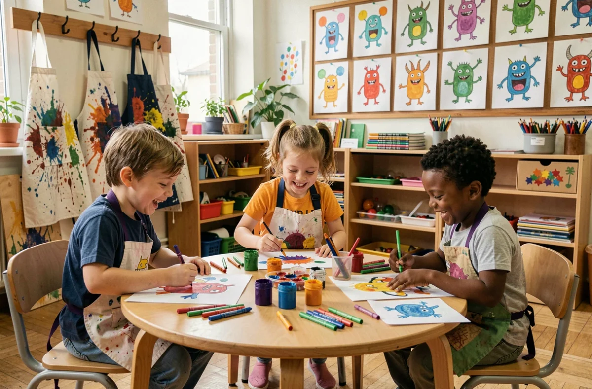 Groupe d'enfants de maternelle et primaire dessinant des monstres colorés ensemble dans une salle d'art