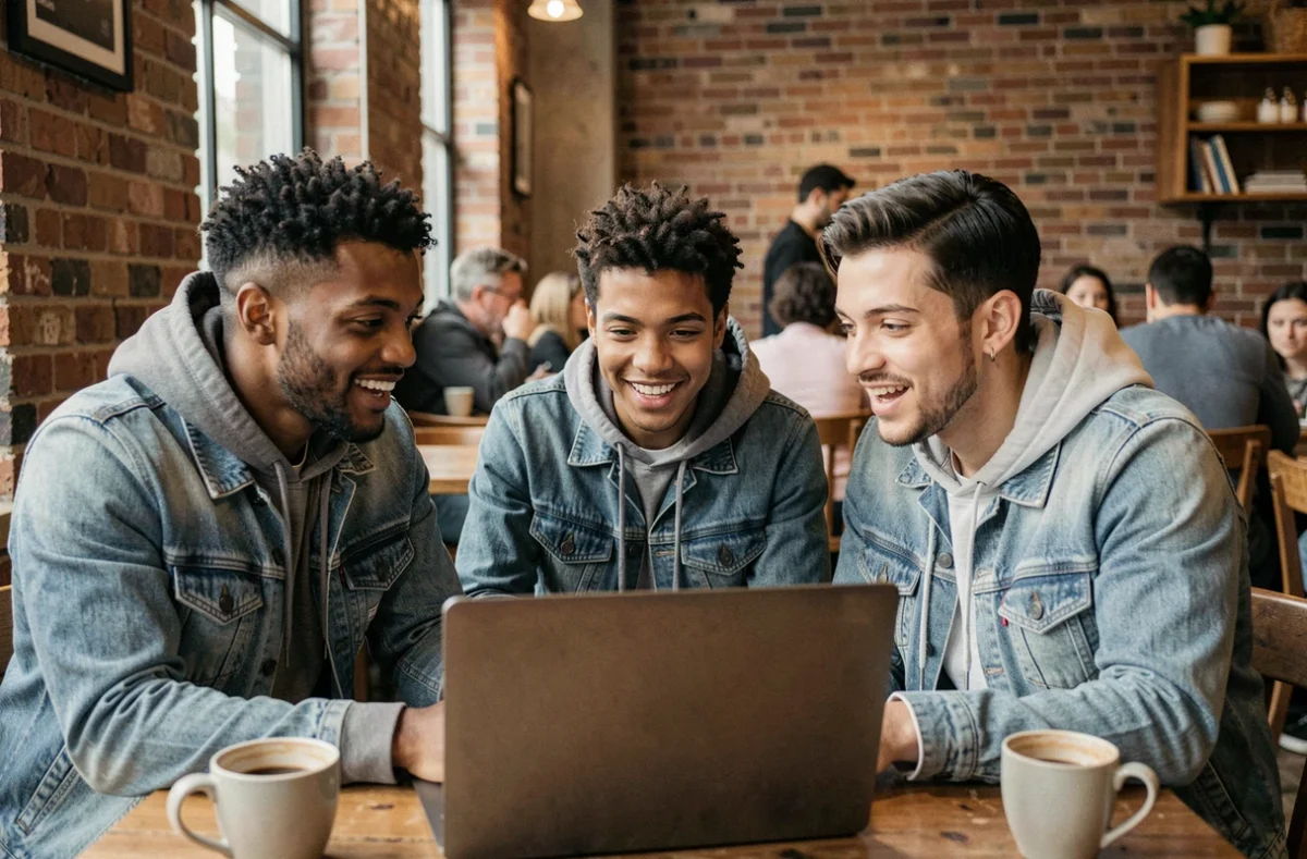 Groupe de jeunes adultes réunis autour d'un ordinateur portable dans un café urbain, symbolisant l'engouement collectif pour Tiffany Leidfi sur les réseaux sociaux