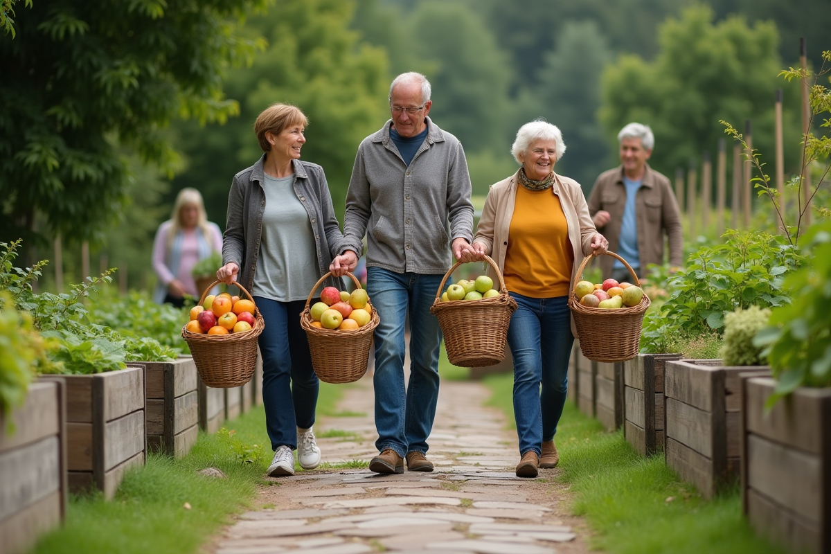 Groupe divers d adultes portant des paniers de fruits dans un jardin