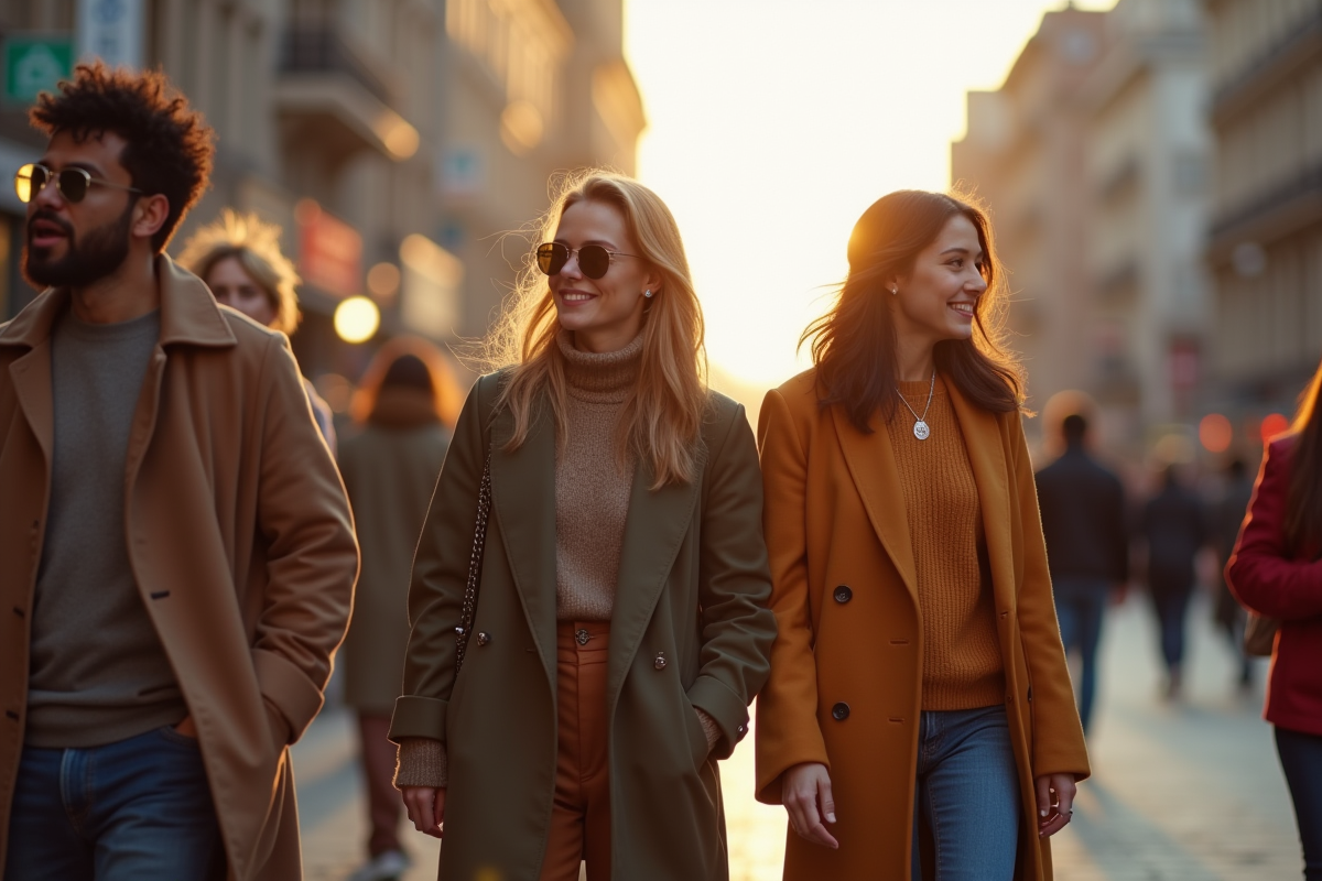 Groupe de personnes stylées souriantes en ville