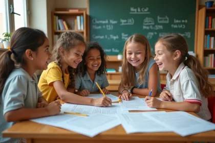 Groupe d'élèves de primaire de différentes origines travaillant ensemble autour d'une table en bois dans une salle de classe lumineuse
