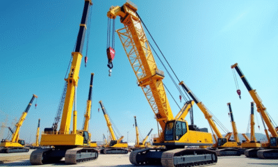 Grue jaune de construction dans un dépôt de grues avec prix visibles