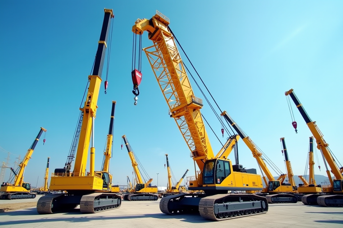 Grue jaune de construction dans un dépôt de grues avec prix visibles