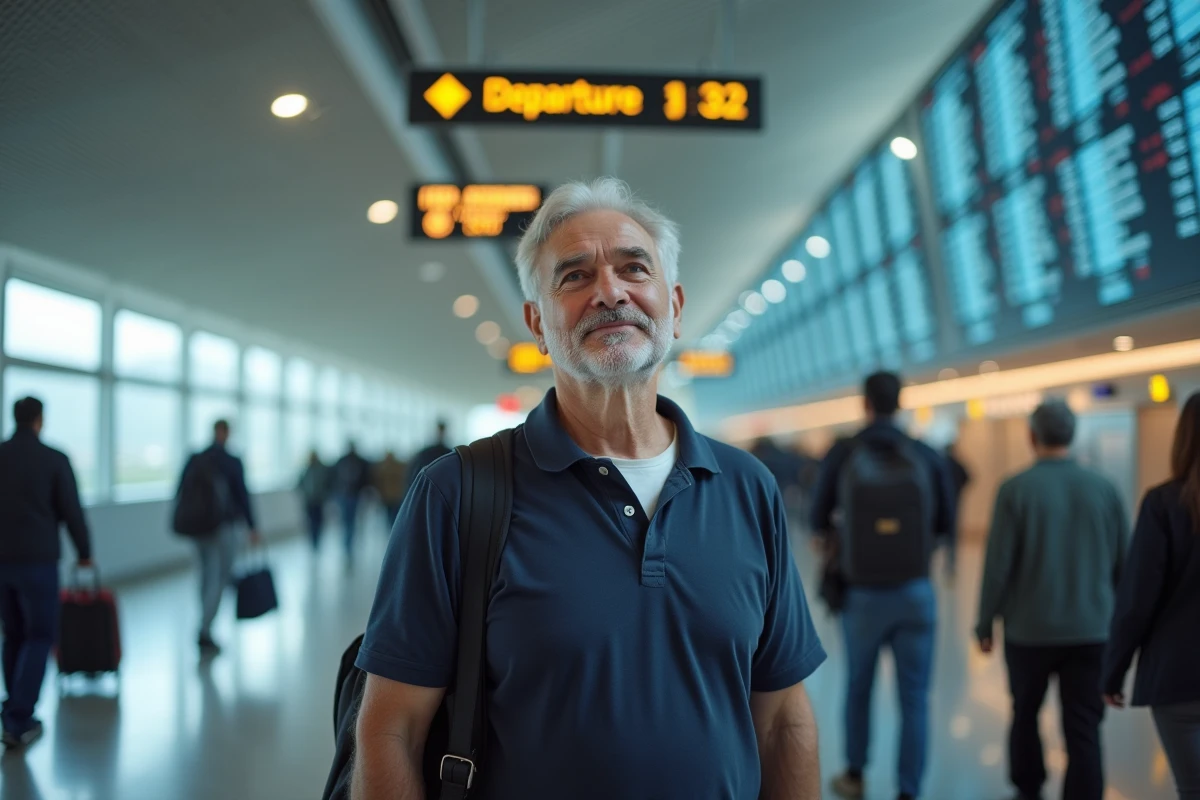 Homme d'âge moyen regardant un tableau de départs dans un aéroport avec une expression interrogative, sac de voyage à l'épaule