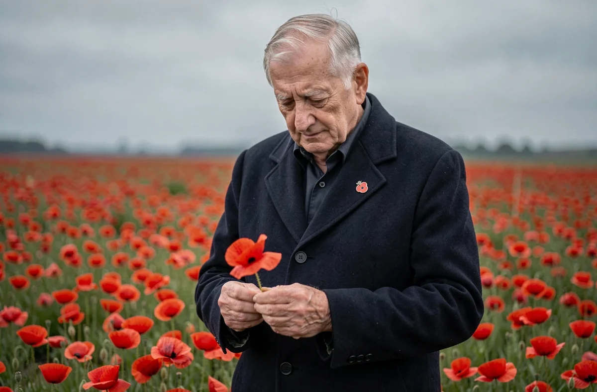 Homme âgé tenant un coquelicot dans un champ fleuri, portant un pin's coquelicot en signe de commémoration