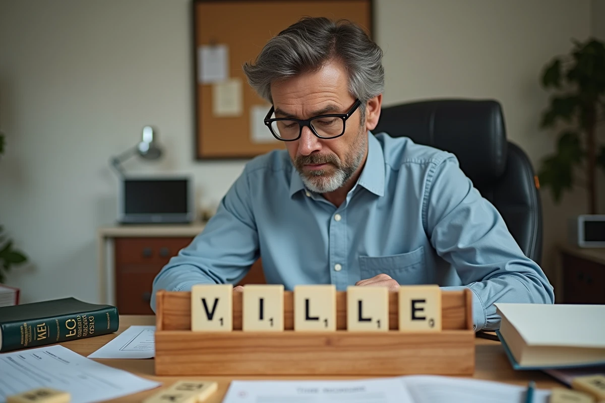 Homme aux lunettes analysant des tuiles de Scrabble sur un rack en bois avec dictionnaire et feuille de score