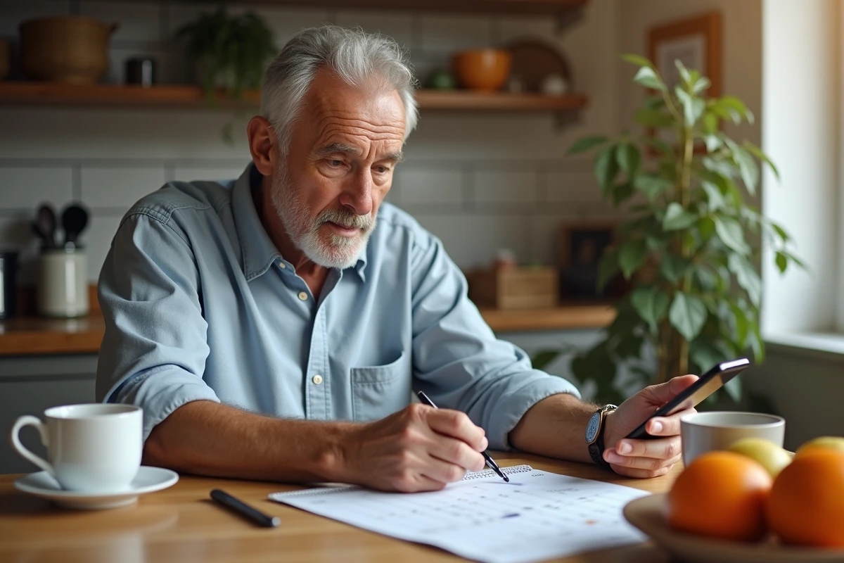 Homme âgé vérifiant dates sur calendrier à la maison