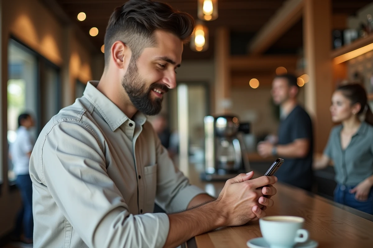 Jeune homme au café utilisant son smartphone en attente