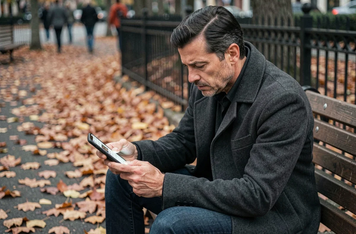 Homme sur un banc de parc regardant son téléphone avec une expression de nostalgie et d'inquiétude, illustrant les risques psychologiques de retrouver un ancien amour
