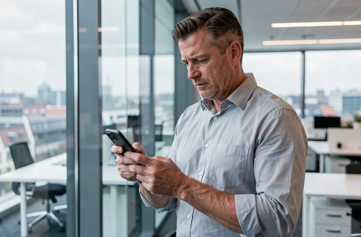 Homme en chemise grise consultant son smartphone dans un bureau moderne de Bruxelles