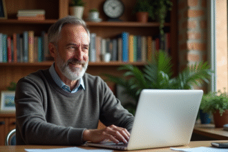 Homme d'âge moyen travaillant à son bureau à domicile avec ordinateur