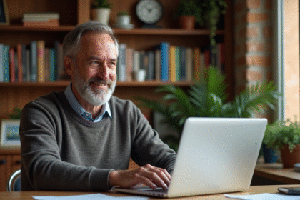 Homme d'âge moyen travaillant à son bureau à domicile avec ordinateur
