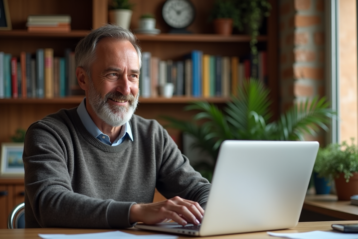 Homme d'âge moyen travaillant à son bureau à domicile avec ordinateur