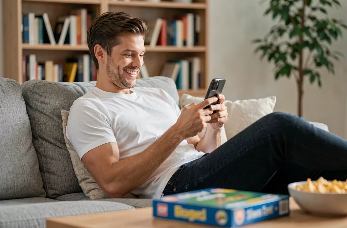 Homme détendu sur un canapé jouant à Monopoly GO et récupérant des liens de dés gratuits sur son téléphone