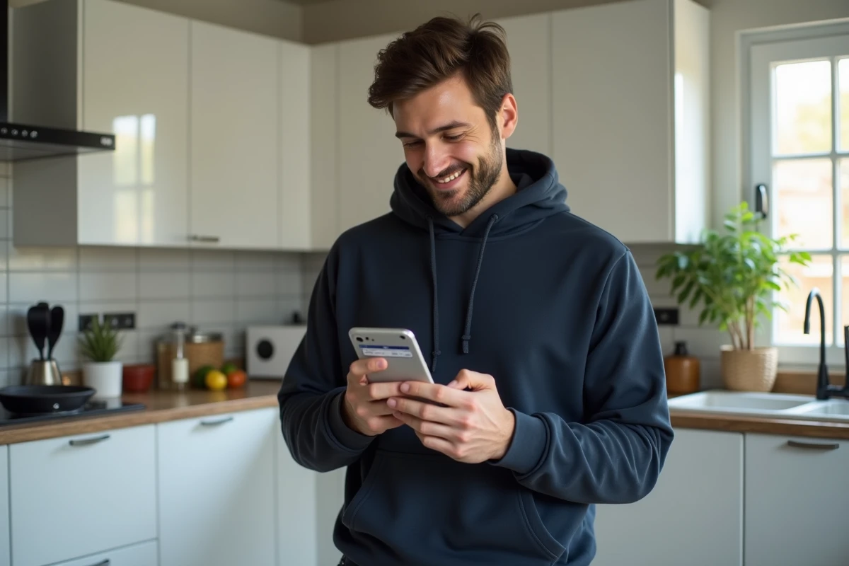 Homme dans une cuisine moderne consultant une application de recherche de séries manga sur son smartphone avec une expression satisfaite