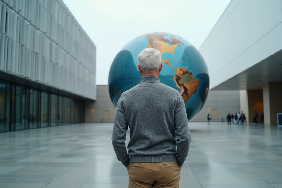 Homme observant un globe terrestre interactif dans la cour d'un musée scientifique moderne