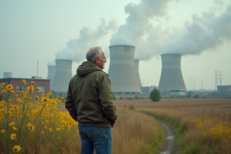 Homme d'âge moyen près d'une centrale à charbon en nature