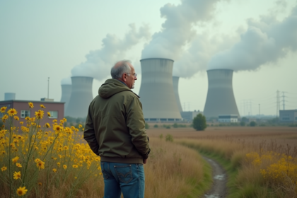 Homme d'âge moyen près d'une centrale à charbon en nature