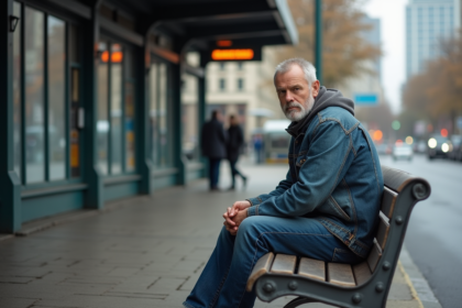 Homme d'âge moyen assis seul à la station de bus