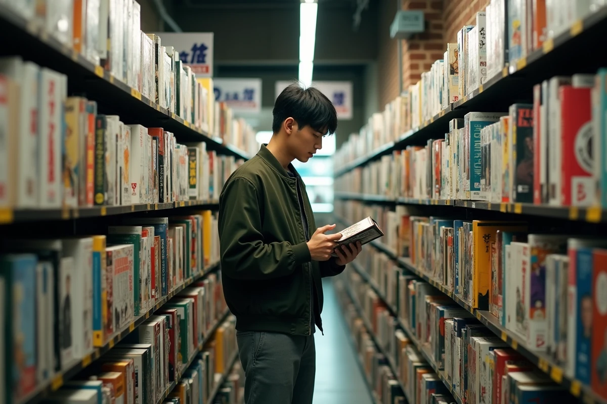 Homme adulte feuilletant des volumes de mangas dans une librairie spécialisée avec des rayonnages remplis de mangas et webtoons
