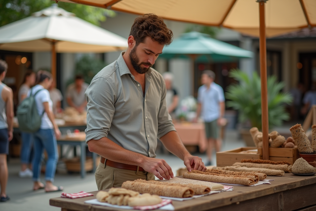 Homme arrangeant des produits artisanaux au marché