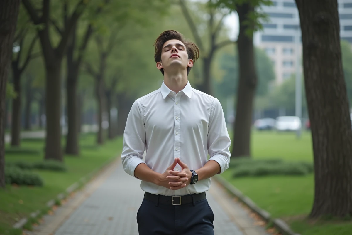 Jeune homme méditant dans un parc urbain