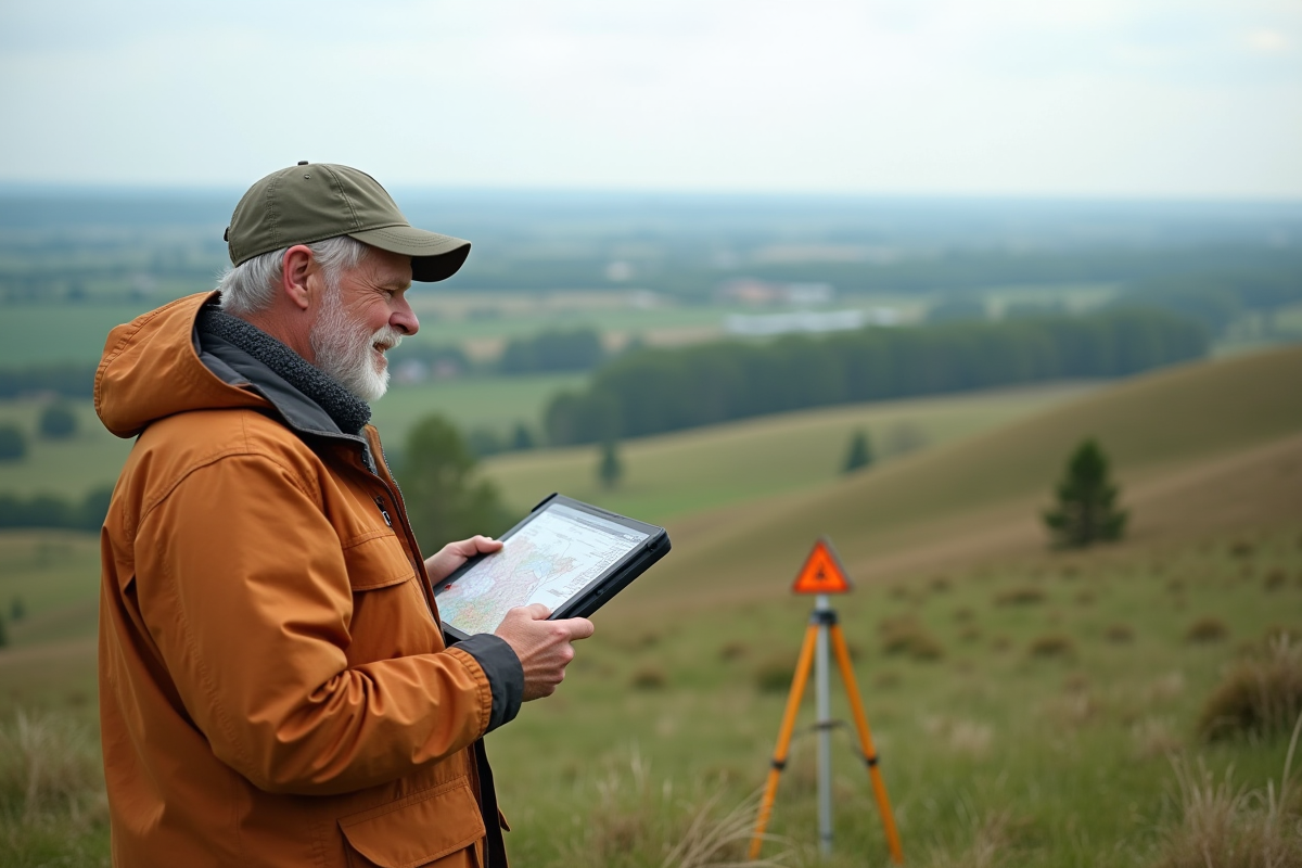 Homme en plein air avec tablette de terrain et carte topographique