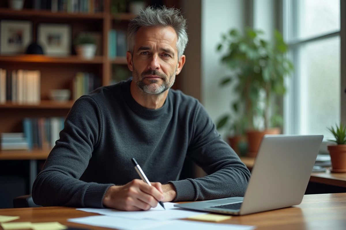 Homme préparant une présentation claire et accessible sans jargon dans un bureau à domicile