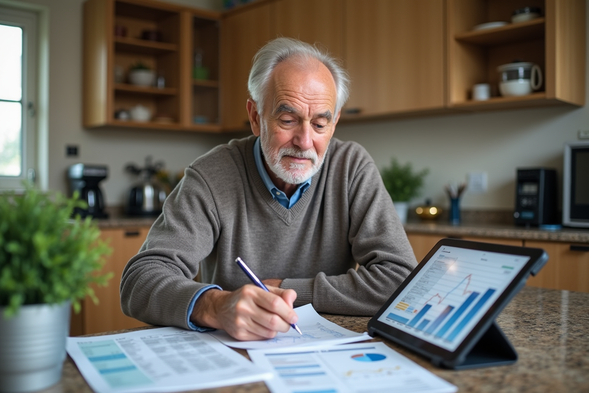 Homme âgé analysant des documents financiers à la maison