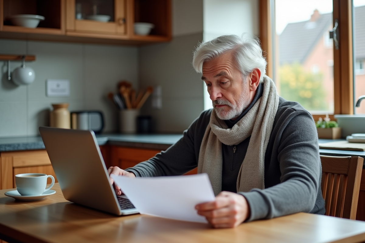 Homme âgé revoyant des documents immobiliers à la maison