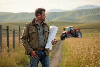 Homme confiant avec plan architectural dans un champ rural