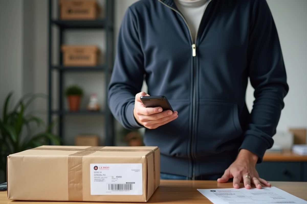 Homme scannant le code de suivi d'un colis La Poste avec son smartphone à son bureau