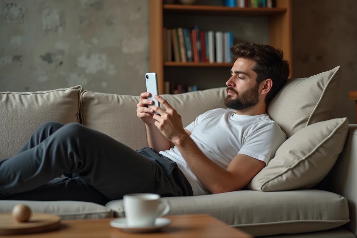 Jeune homme allongé sur un canapé consultant des actualités sur son smartphone dans un salon contemporain
