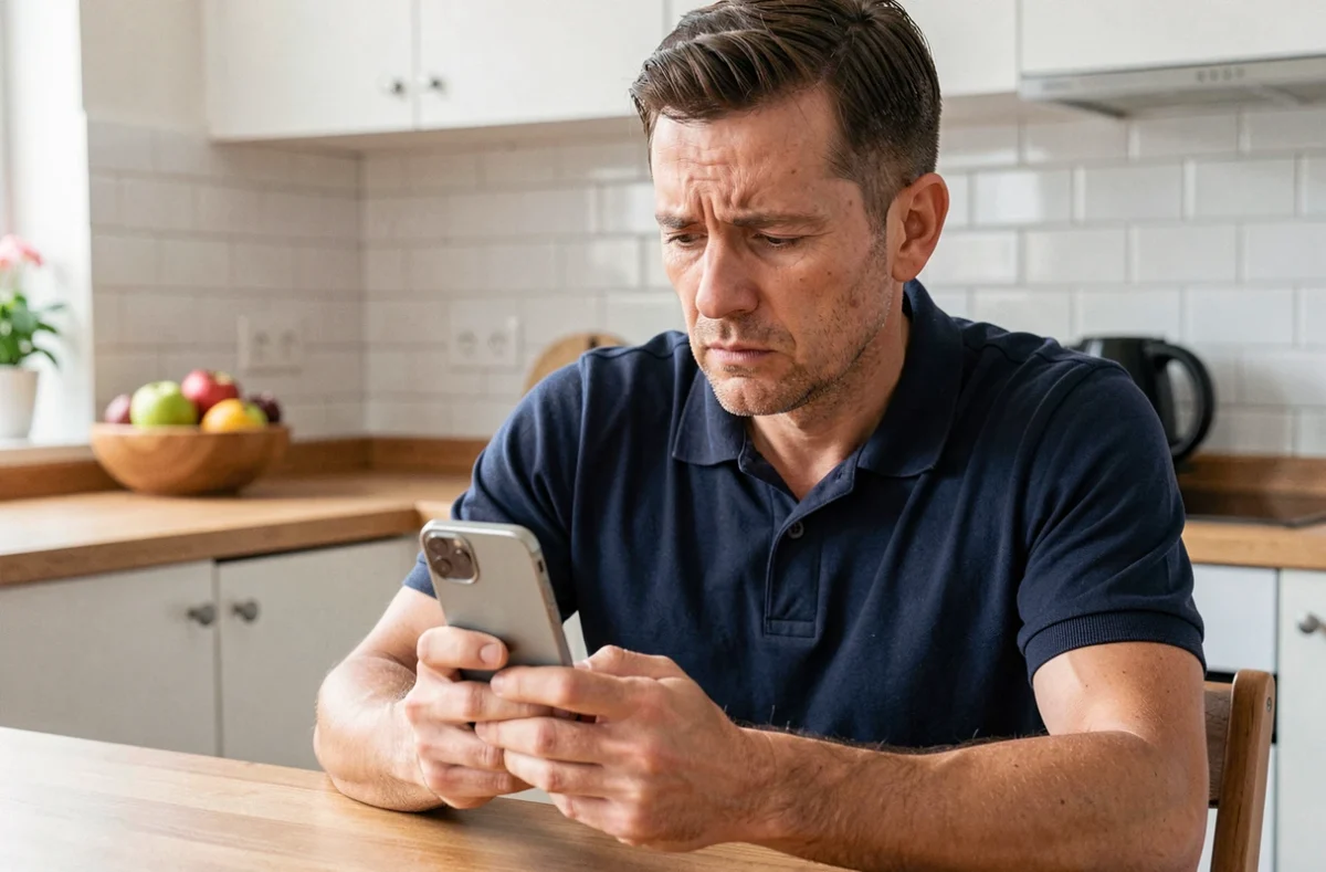 Homme inquiet consultant son smartphone pour comprendre pourquoi il ne reçoit plus d'invitations Mon Avis Rend Gratuit