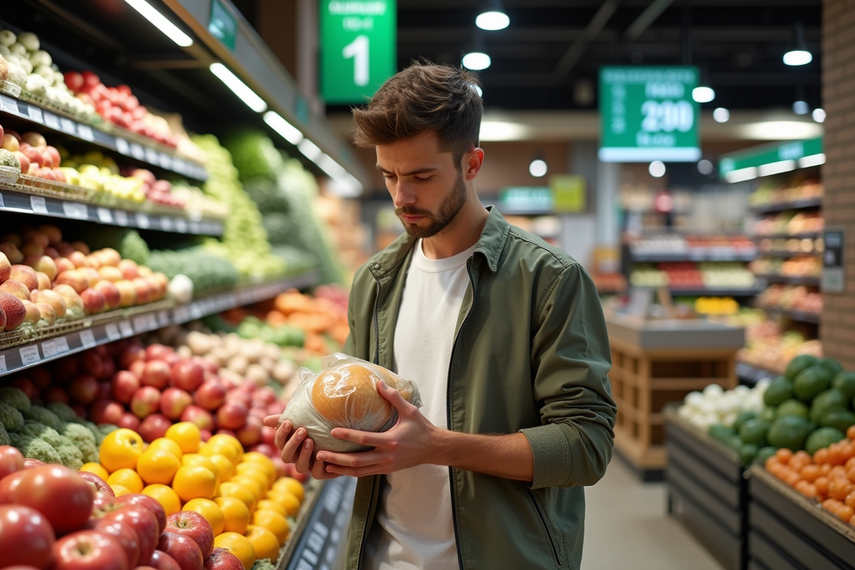 Jeune homme examinant le prix des pommes en supermarche